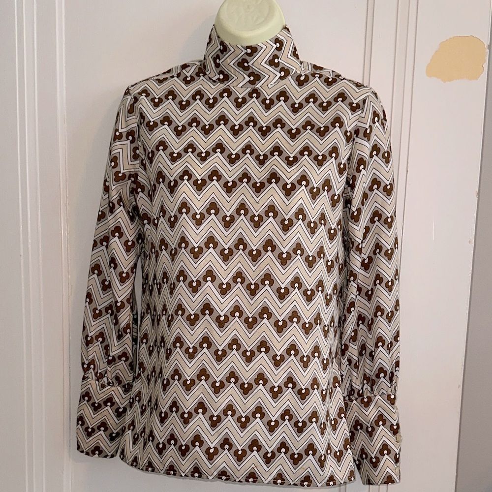 Vtg  60s/70s‎ Country Set Brown, White & Tan Zig Zag Pattern Long Sleeve Blouse